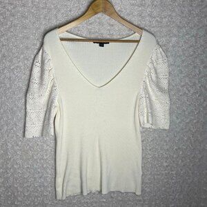Boston Proper Women’s XL Ivory V-Neck Ribbed Sweater With Crochet Lace
